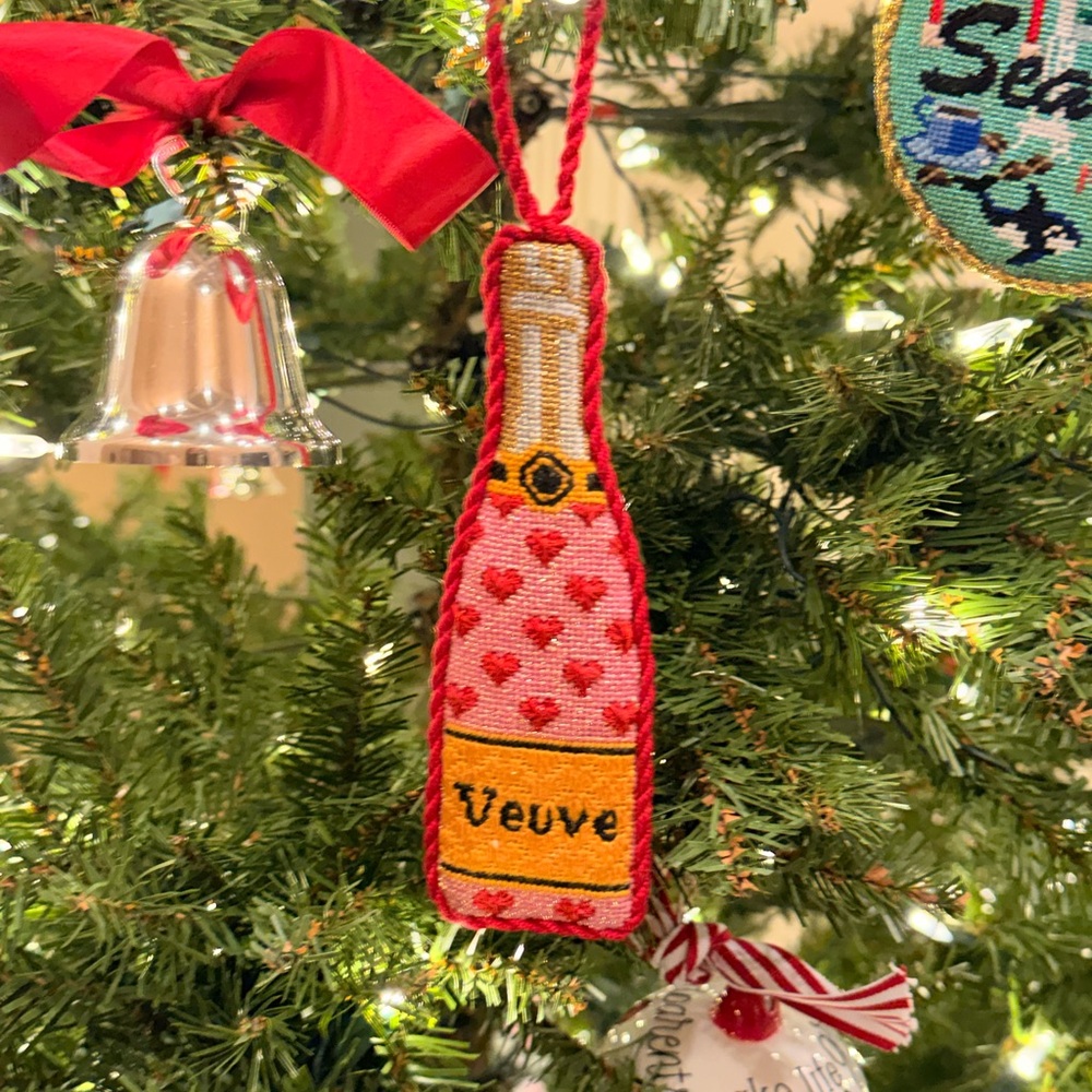 Hand-Stitched Needlepoint Ornament - Hearts Veuve Bottle